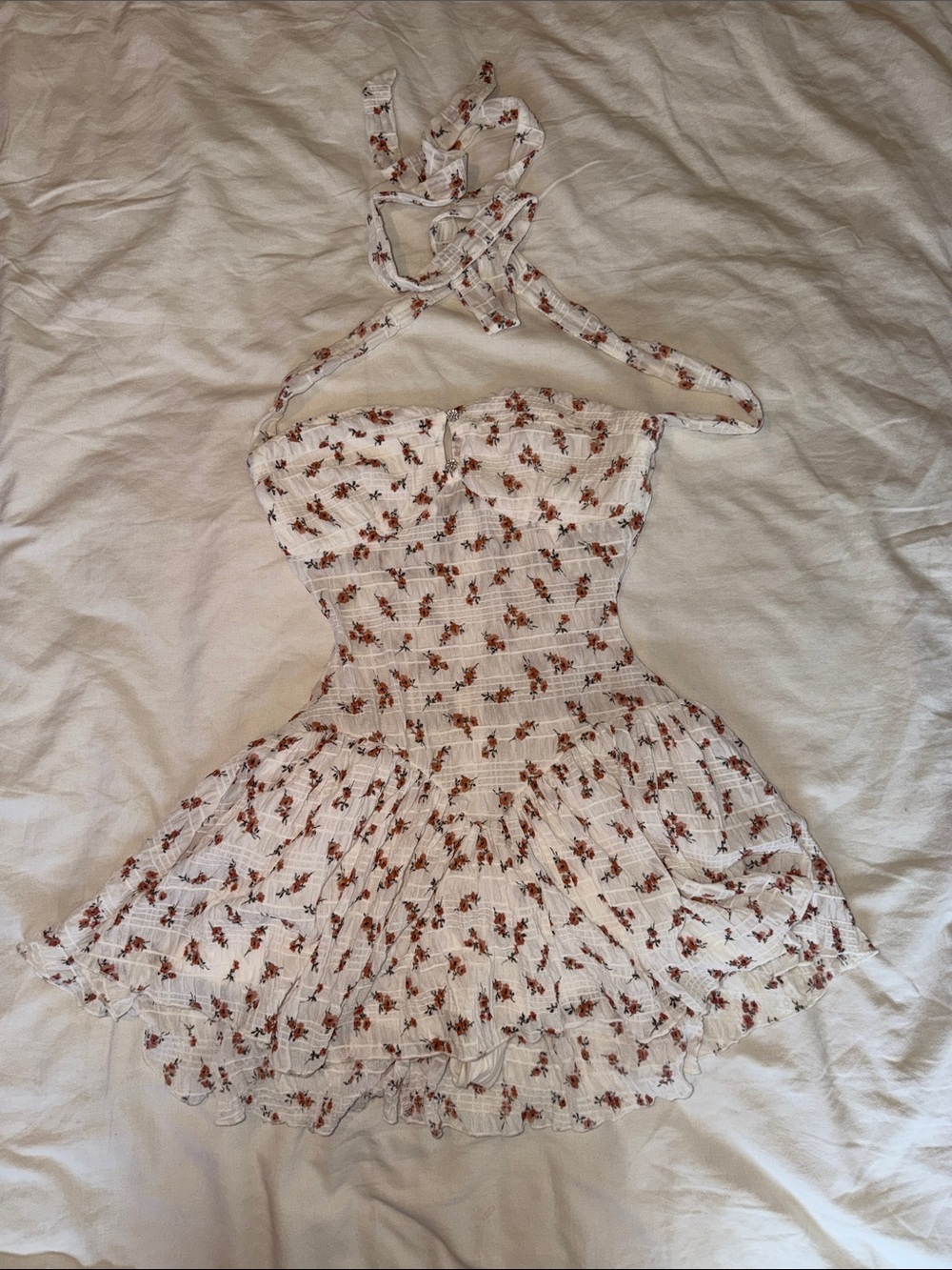 Dolls Kill White Mini Halter Dress with Brown Floral